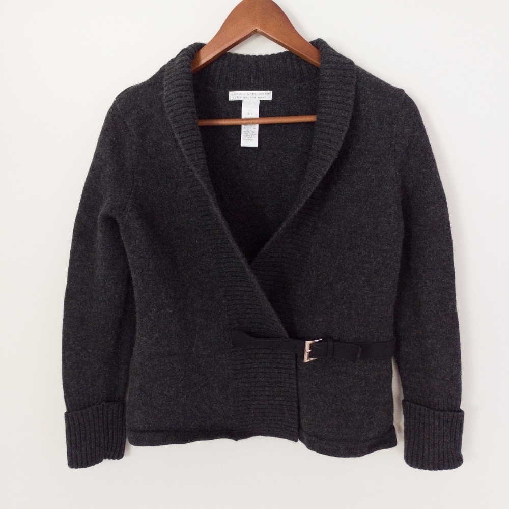 Sarah Spencer 100% Merino Wool Side Buckle Wrap Cardigan Sweater Charcoal Gray M